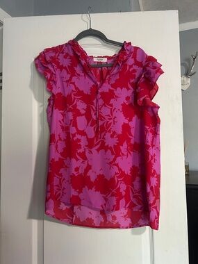 Pleione Pink and Red Floral Ruffle-Sleeve Camisole